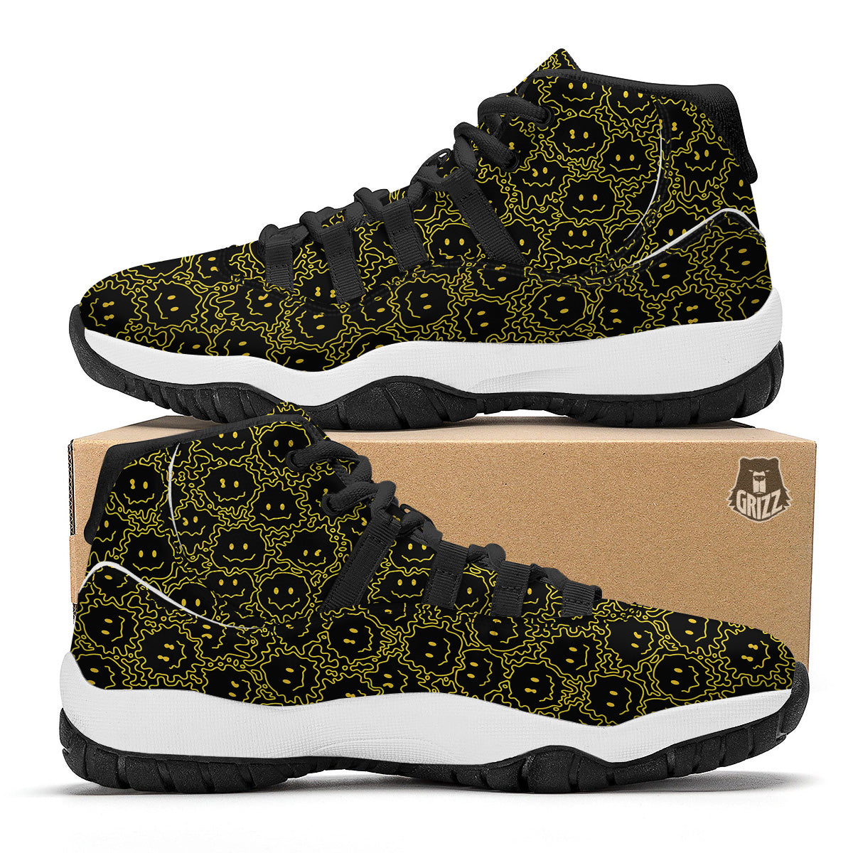 Yellow Crazy Emoji Print Pattern Black Bball Shoes-grizzshop