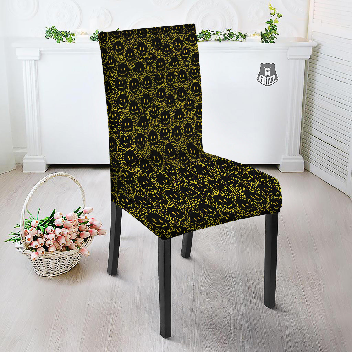 Yellow Crazy Emoji Print Pattern Dining Chair Slipcover-grizzshop