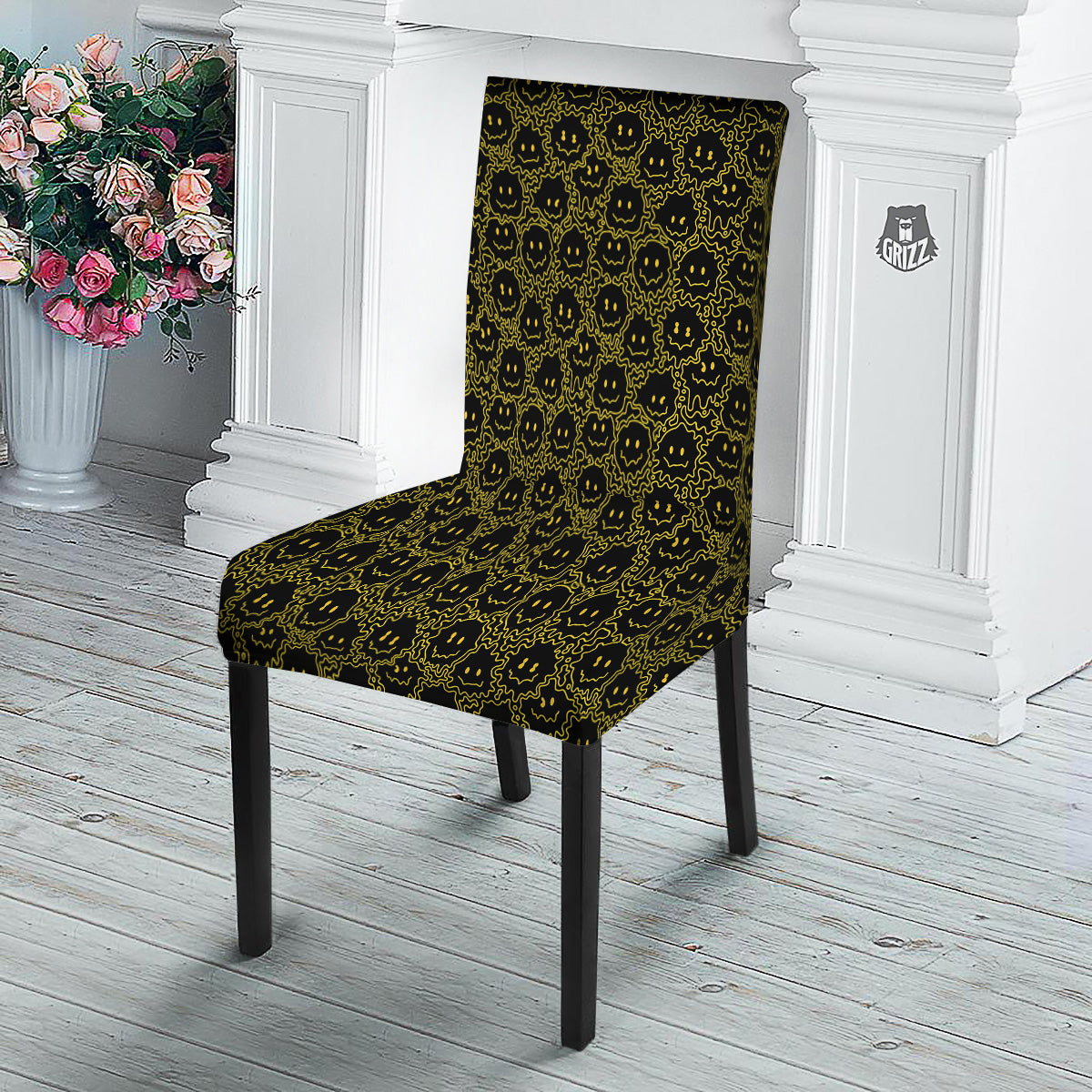 Yellow Crazy Emoji Print Pattern Dining Chair Slipcover-grizzshop