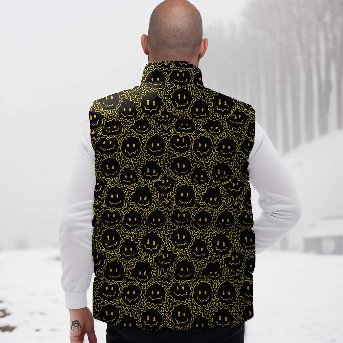 Yellow Crazy Emoji Print Pattern Down Vest