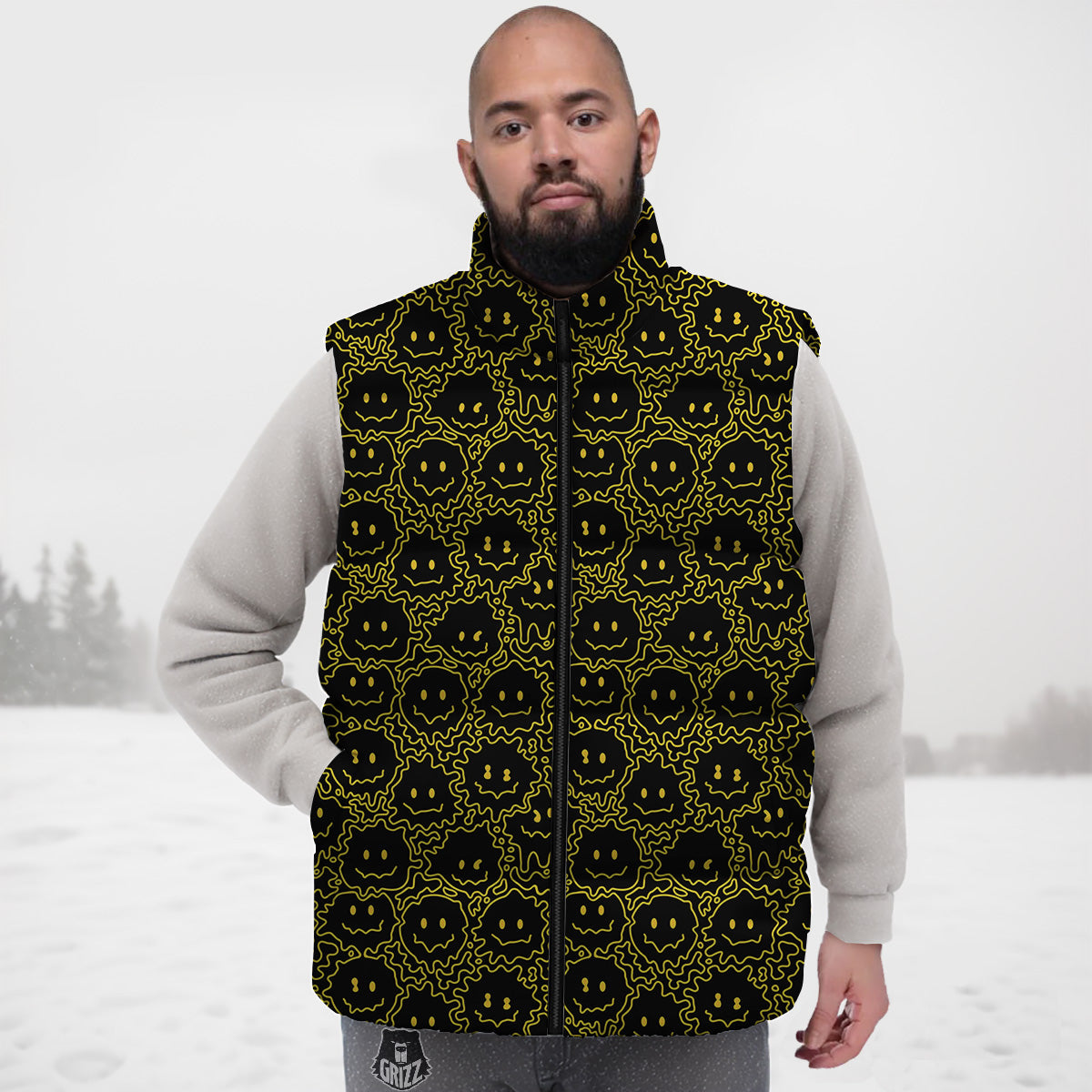 Yellow Crazy Emoji Print Pattern Down Vest