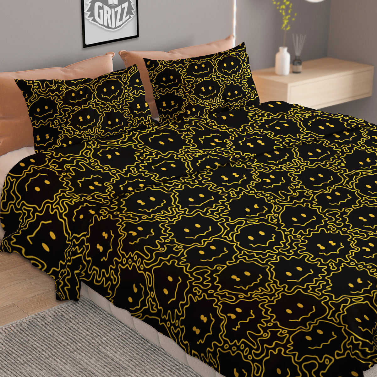 Yellow Crazy Emoji Print Pattern Duvet Cover Bedding Set