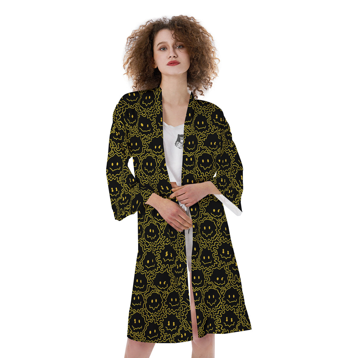 Yellow Crazy Emoji Print Pattern Kimono-grizzshop