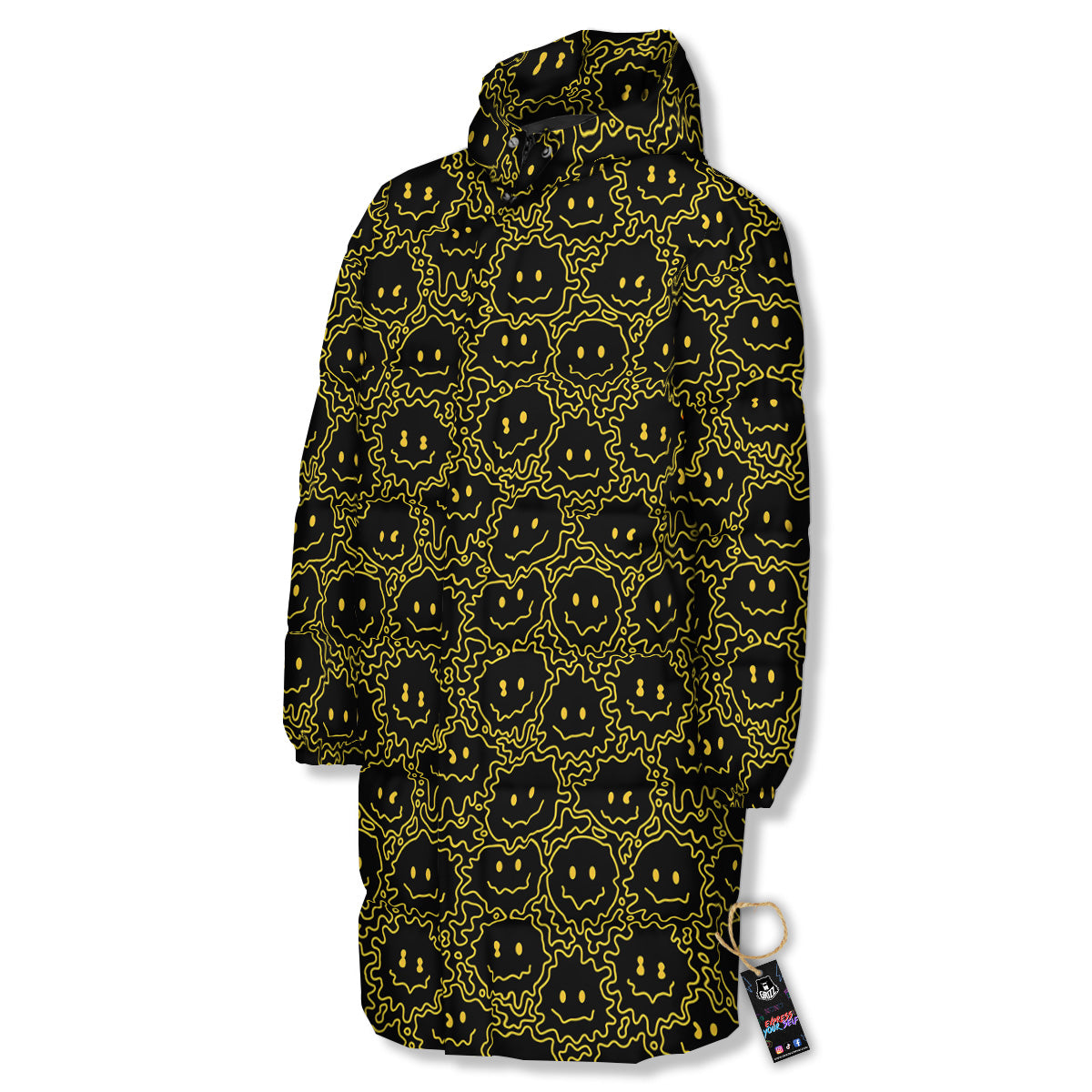Yellow Crazy Emoji Print Pattern Long Down Jacket-grizzshop