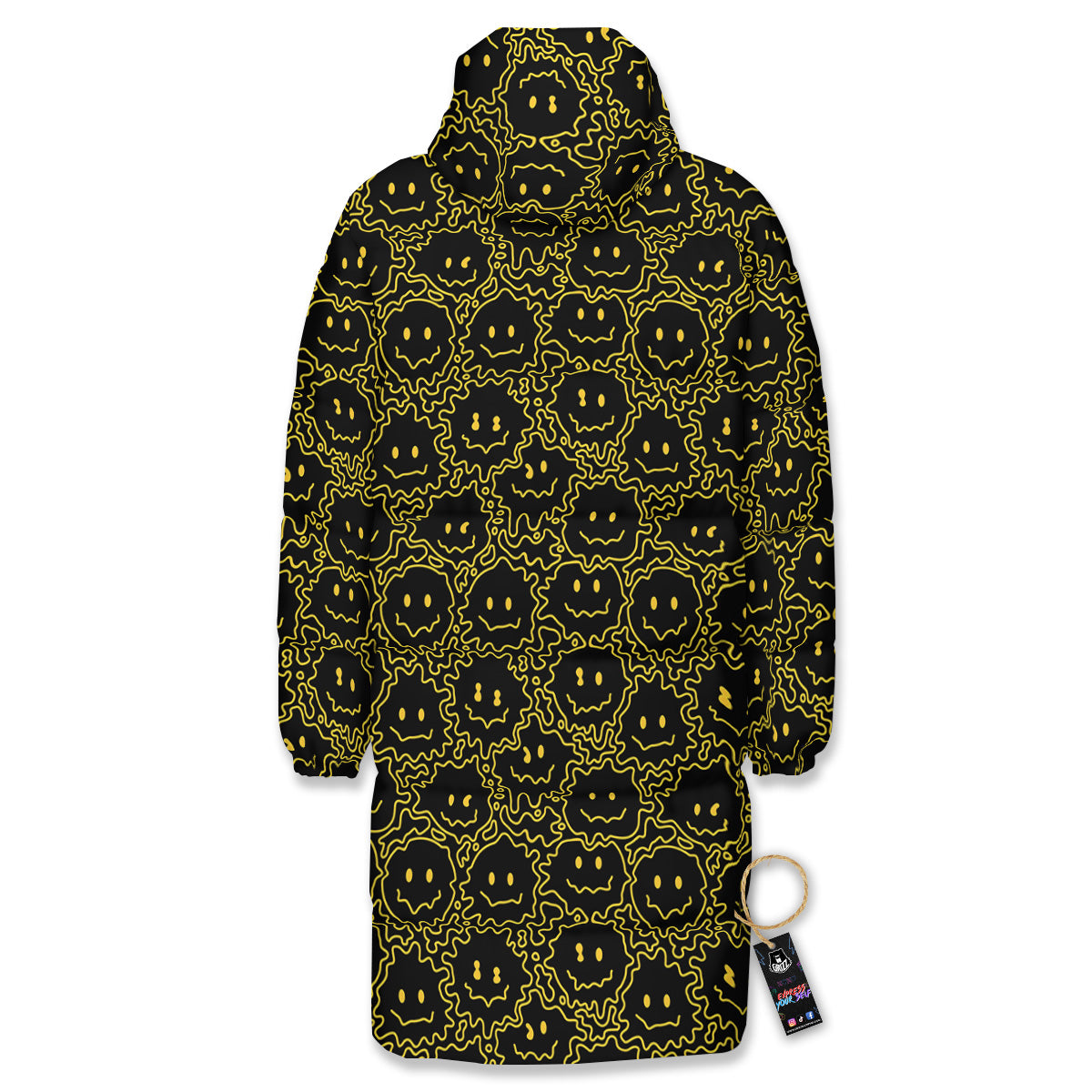Yellow Crazy Emoji Print Pattern Long Down Jacket-grizzshop