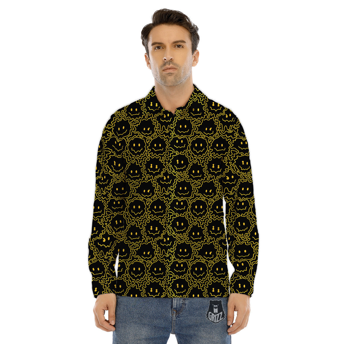Yellow Crazy Emoji Print Pattern Men's Dress Shirts-grizzshop