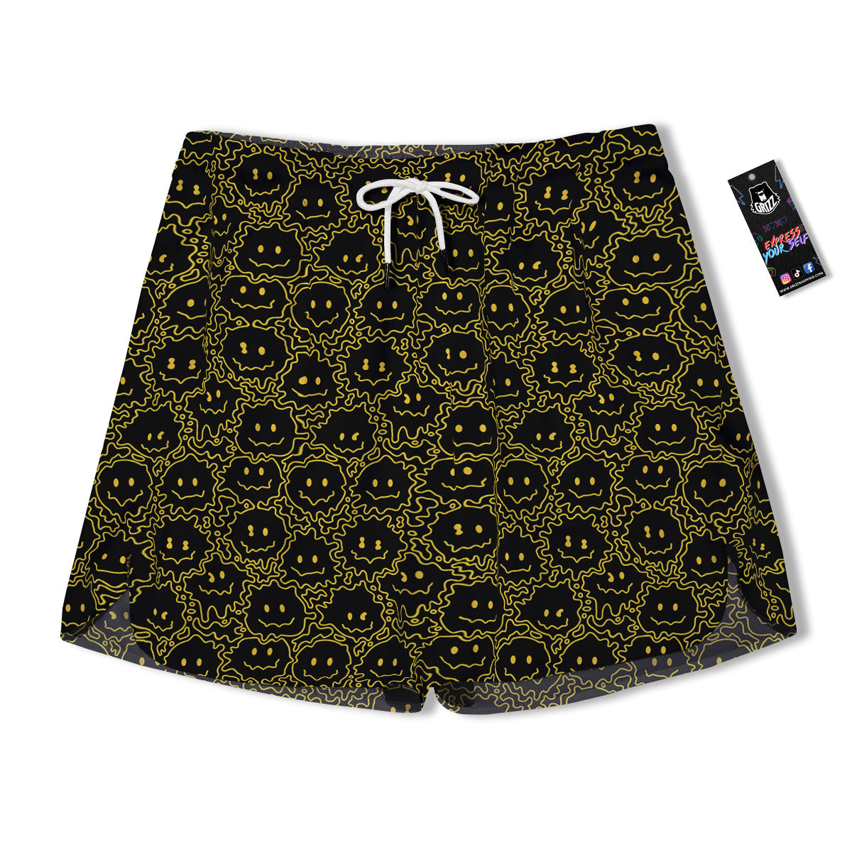 Yellow Crazy Emoji Print Pattern Men's Running Shorts-grizzshop