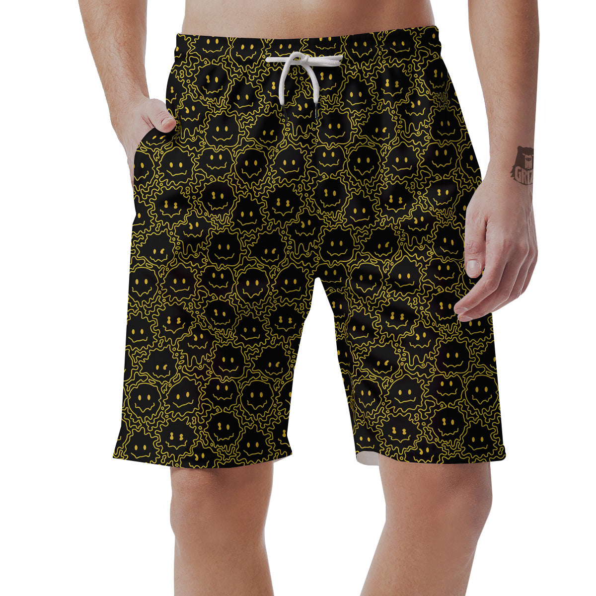 Yellow Crazy Emoji Print Pattern Men's Shorts-grizzshop