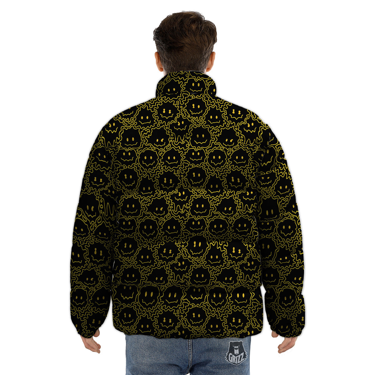 Yellow Crazy Emoji Print Pattern Puffer Jacket-grizzshop