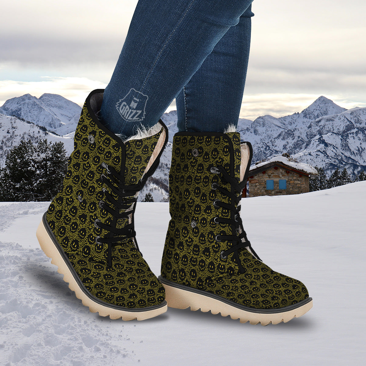 Yellow Crazy Emoji Print Pattern Snow Boots-grizzshop