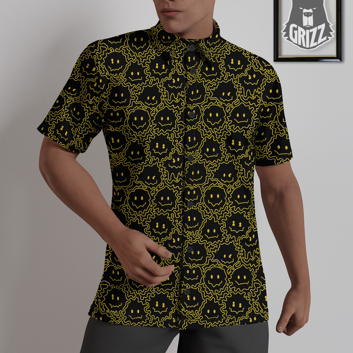 Yellow Crazy Emoji Print Pattern Untucked Shirts-grizzshop
