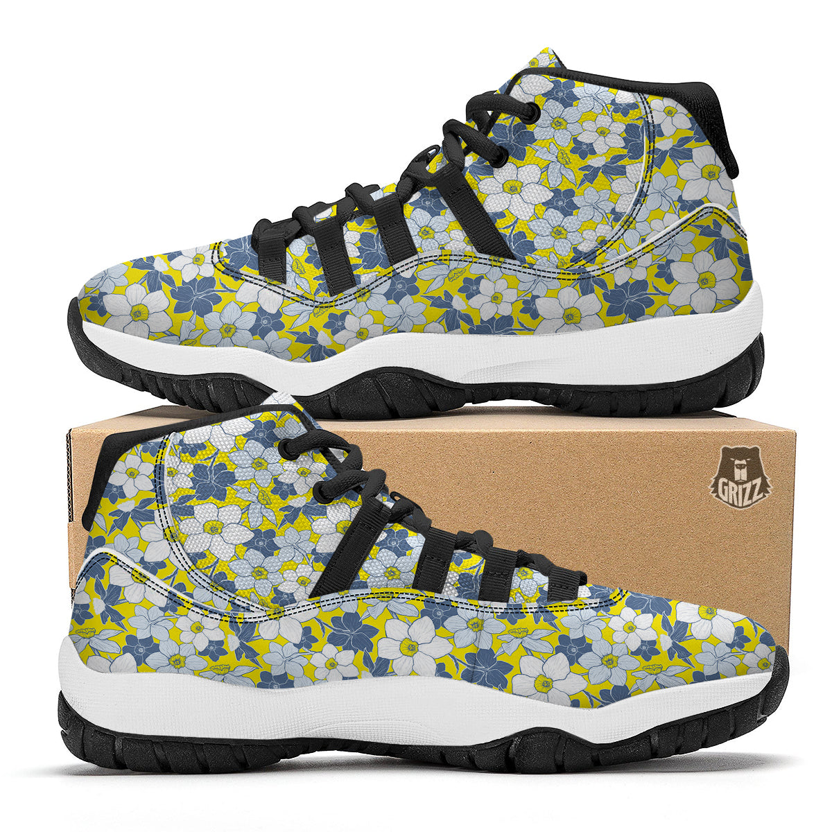 Yellow Daffodil Print Pattern Black Bball Shoes-grizzshop