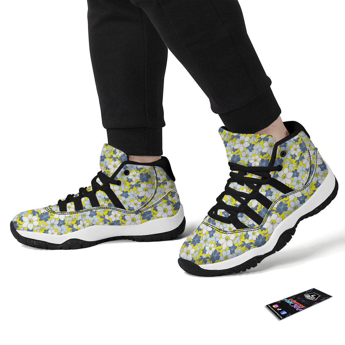 Yellow Daffodil Print Pattern Black Bball Shoes-grizzshop