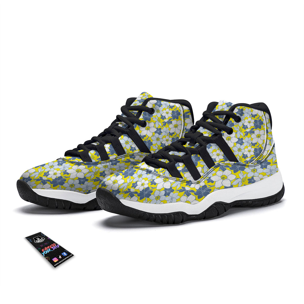 Yellow Daffodil Print Pattern Black Bball Shoes-grizzshop