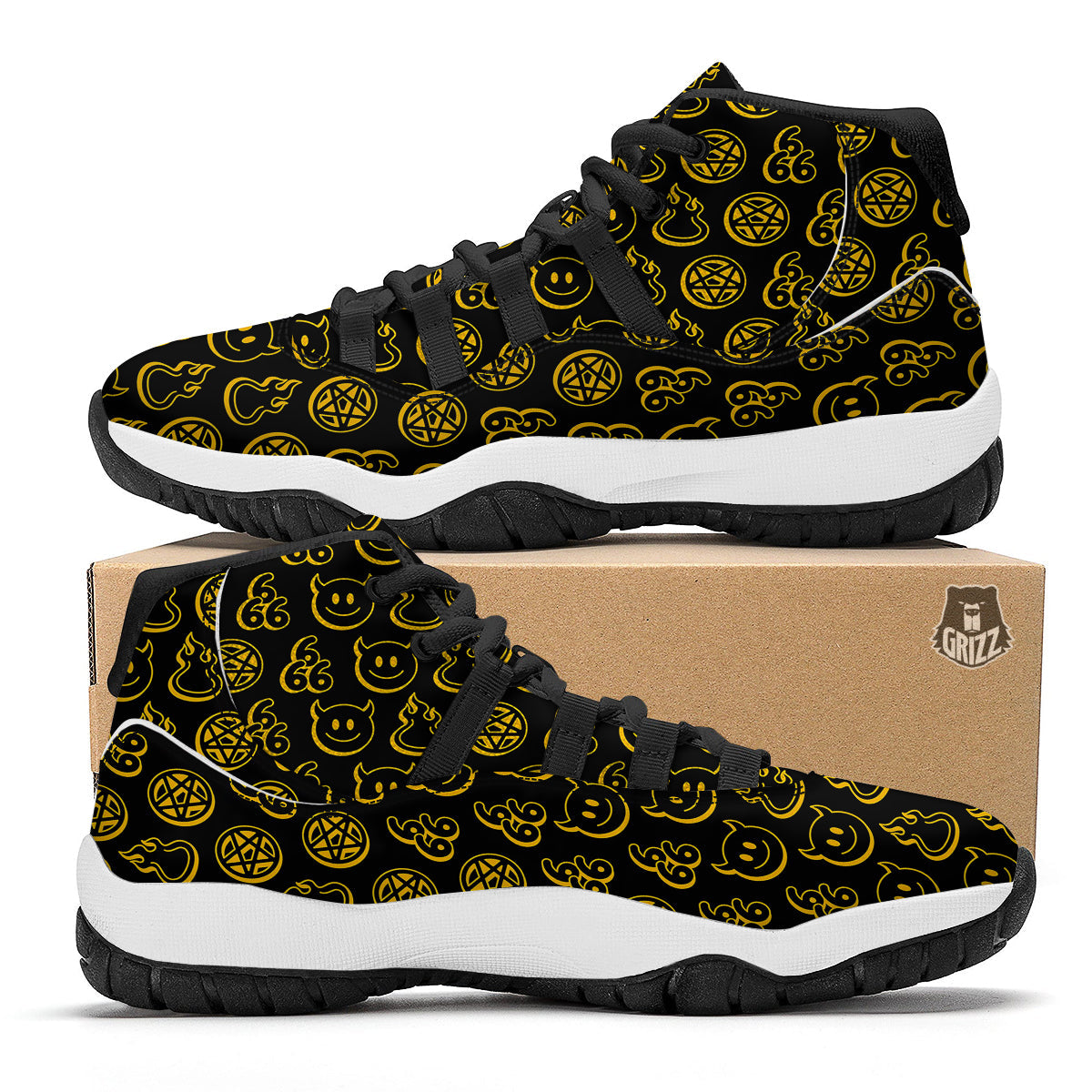 Yellow Demon Smile And Symbol Print Pattern Black Bball Shoes-grizzshop