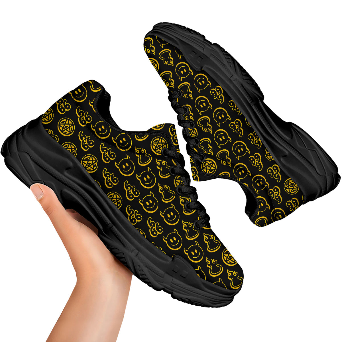 Yellow Demon Smile And Symbol Print Pattern Black Chunky Shoes-grizzshop