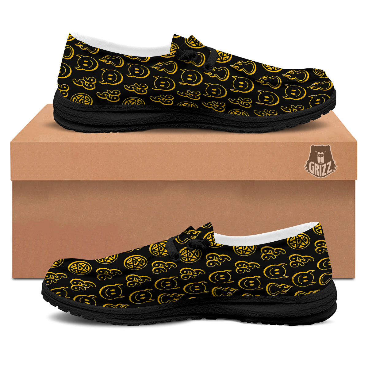 Yellow Demon Smile And Symbol Print Pattern Black Loafers-grizzshop