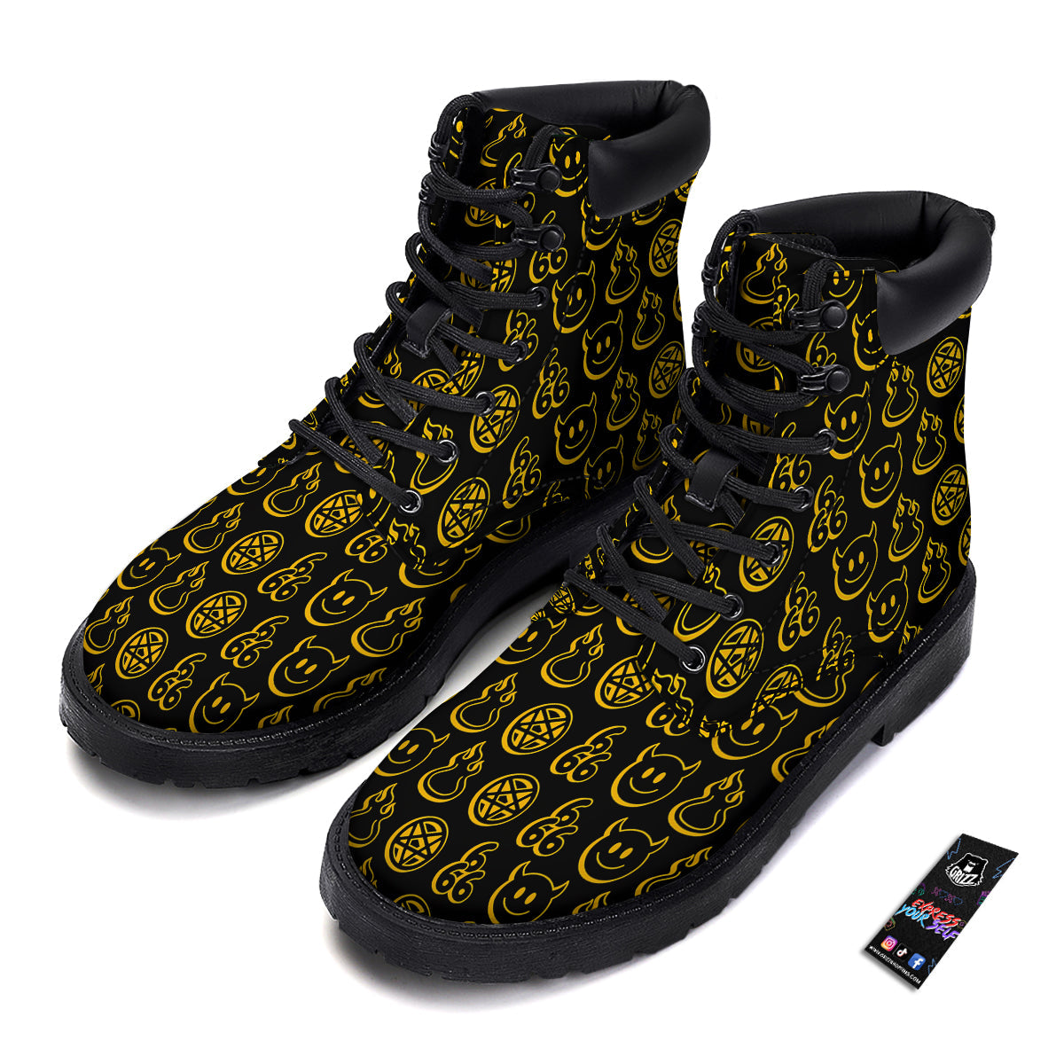 Yellow Demon Smile And Symbol Print Pattern Boots-grizzshop