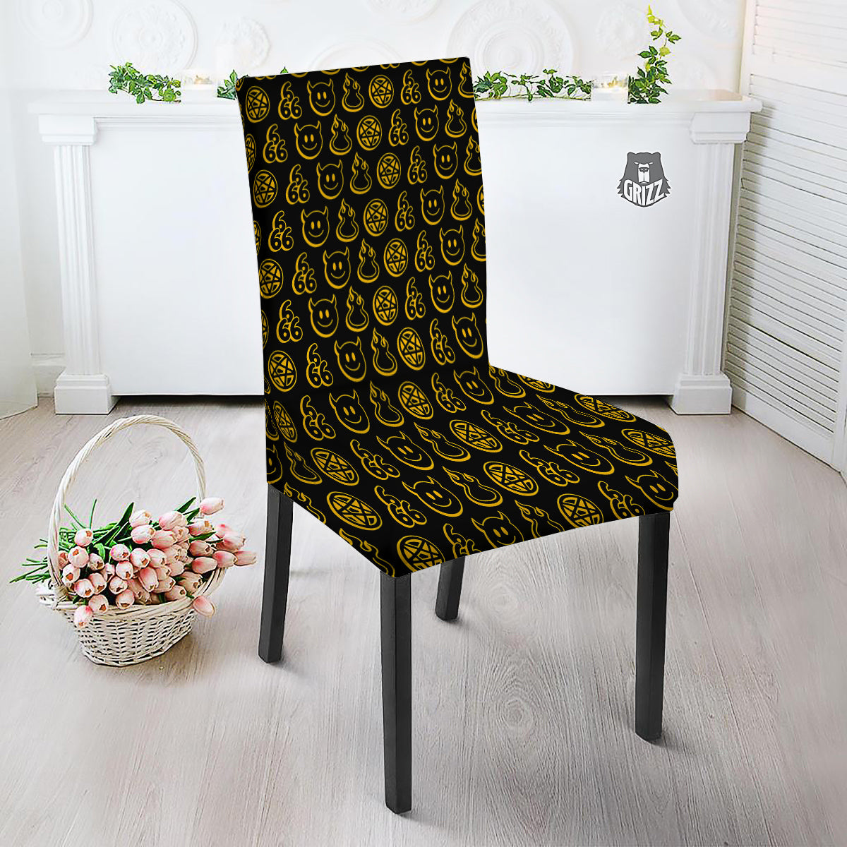 Yellow Demon Smile And Symbol Print Pattern Dining Chair Slipcover-grizzshop