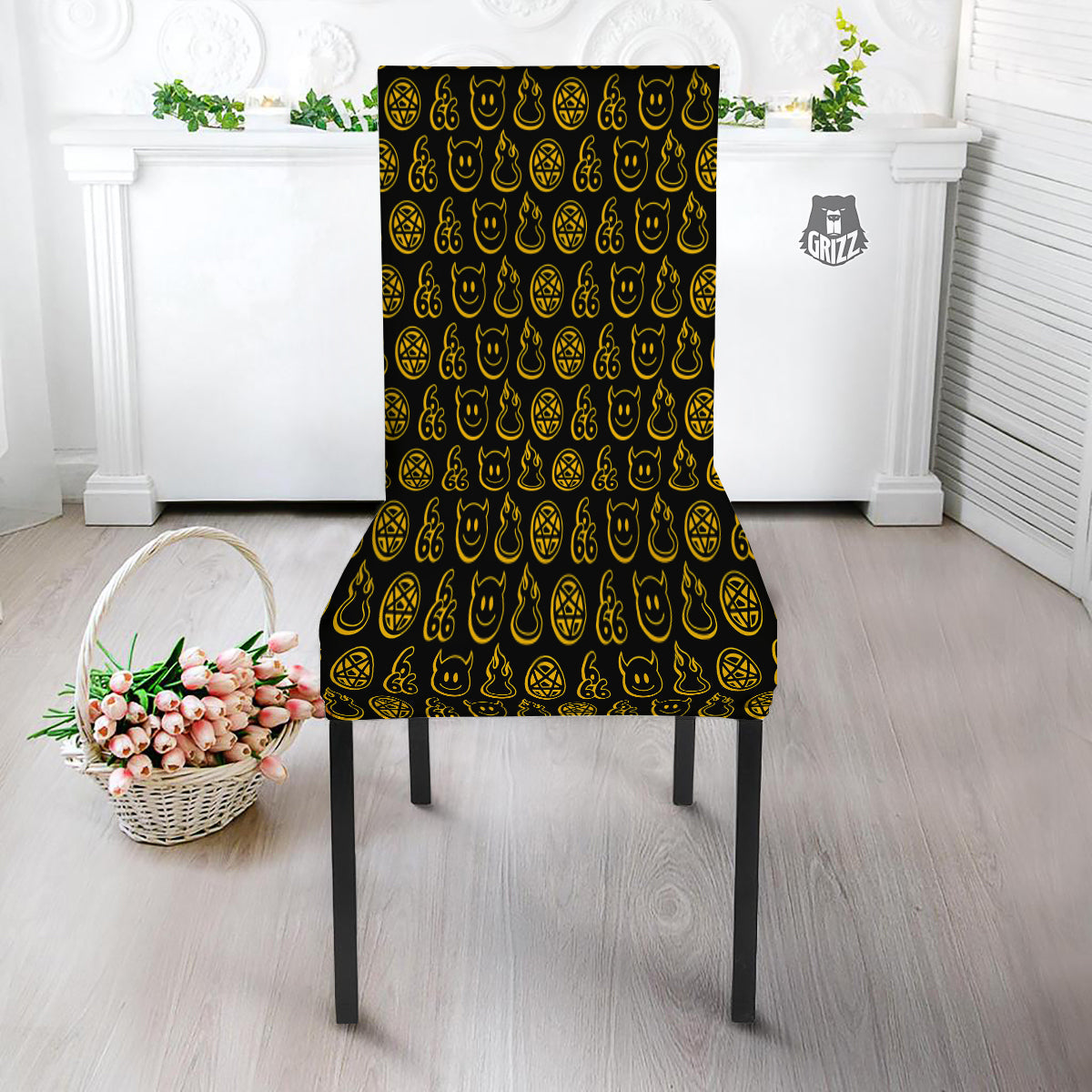 Yellow Demon Smile And Symbol Print Pattern Dining Chair Slipcover-grizzshop