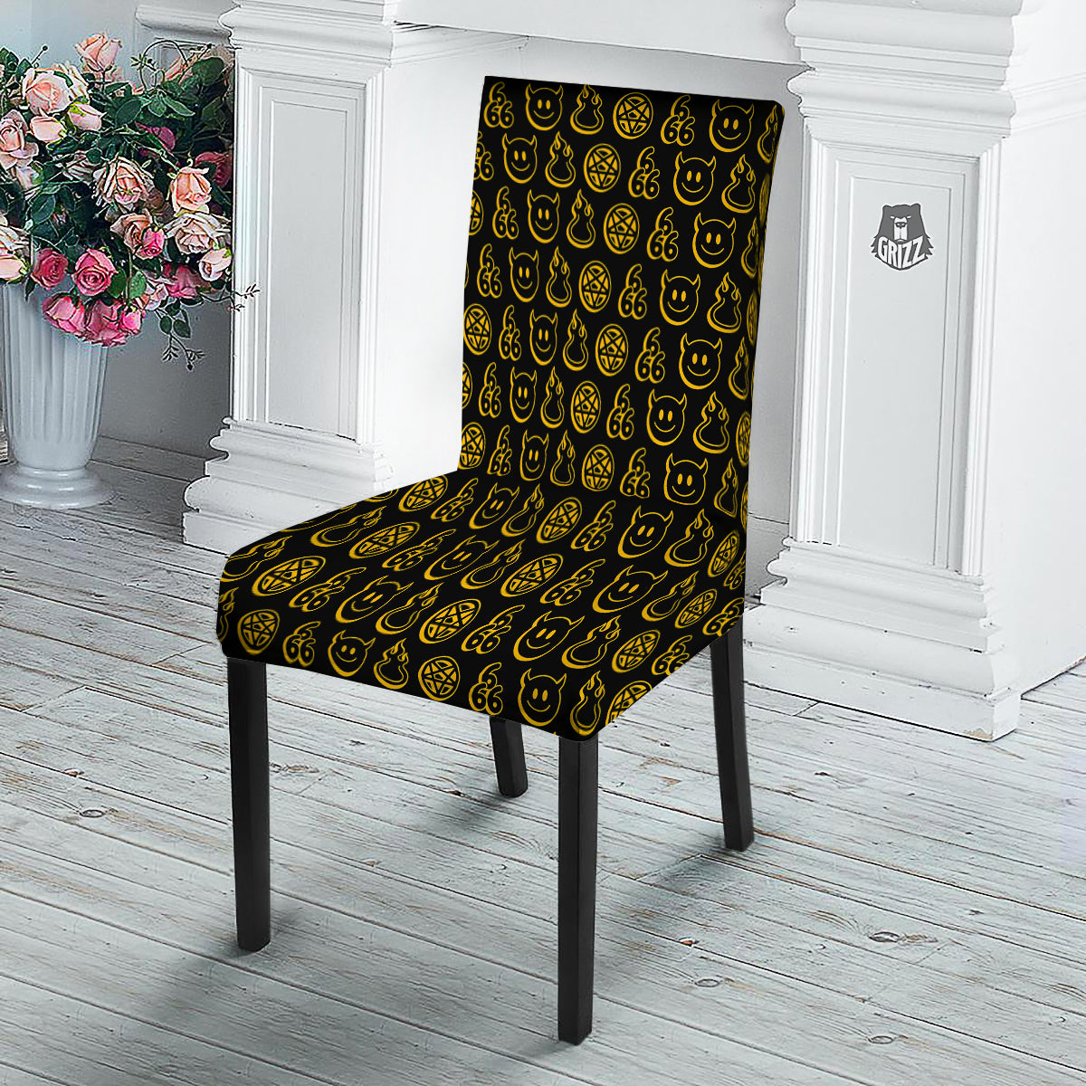 Yellow Demon Smile And Symbol Print Pattern Dining Chair Slipcover-grizzshop