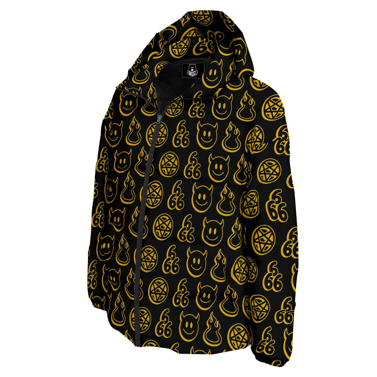 Yellow Demon Smile And Symbol Print Pattern Down Jacket-grizzshop
