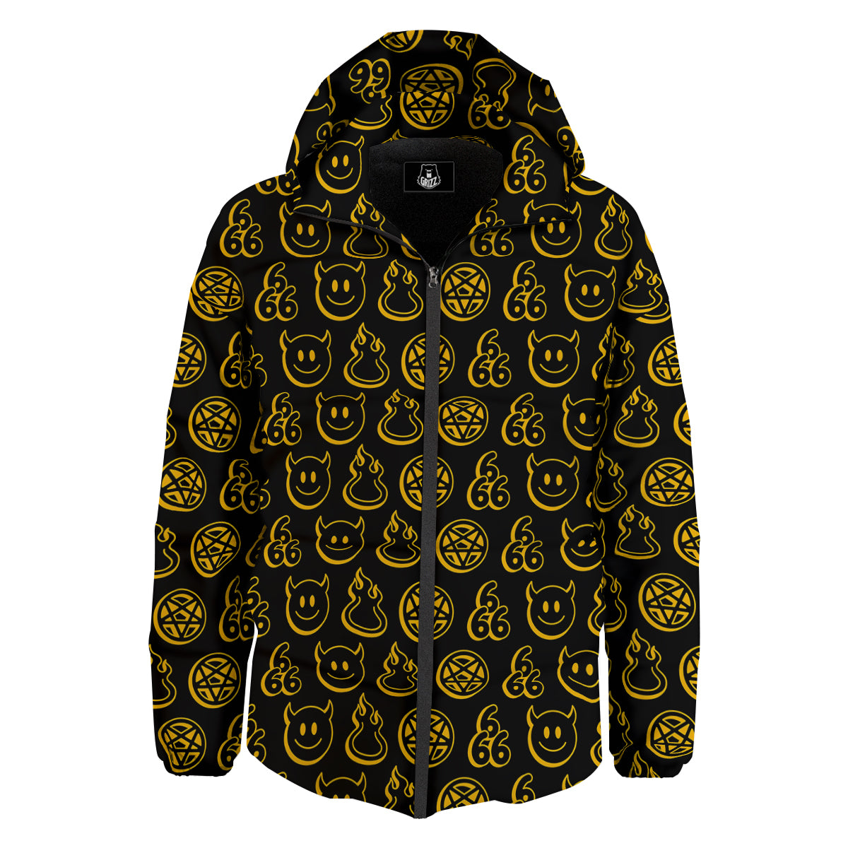 Yellow Demon Smile And Symbol Print Pattern Down Jacket-grizzshop