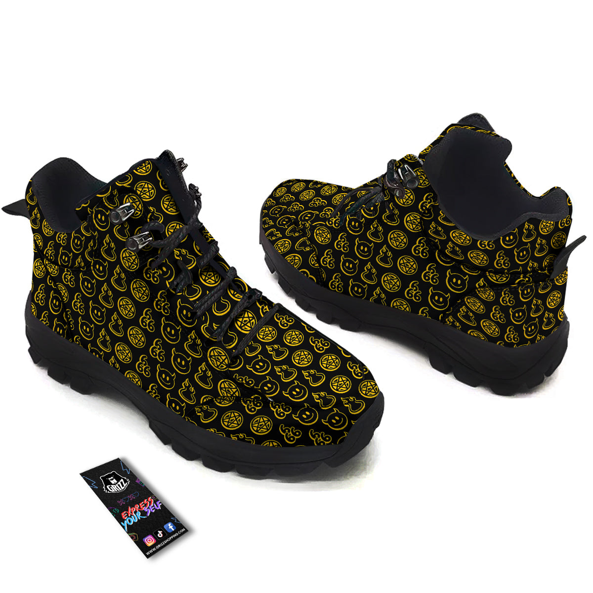 Yellow Demon Smile And Symbol Print Pattern Hiking Shoes-grizzshop