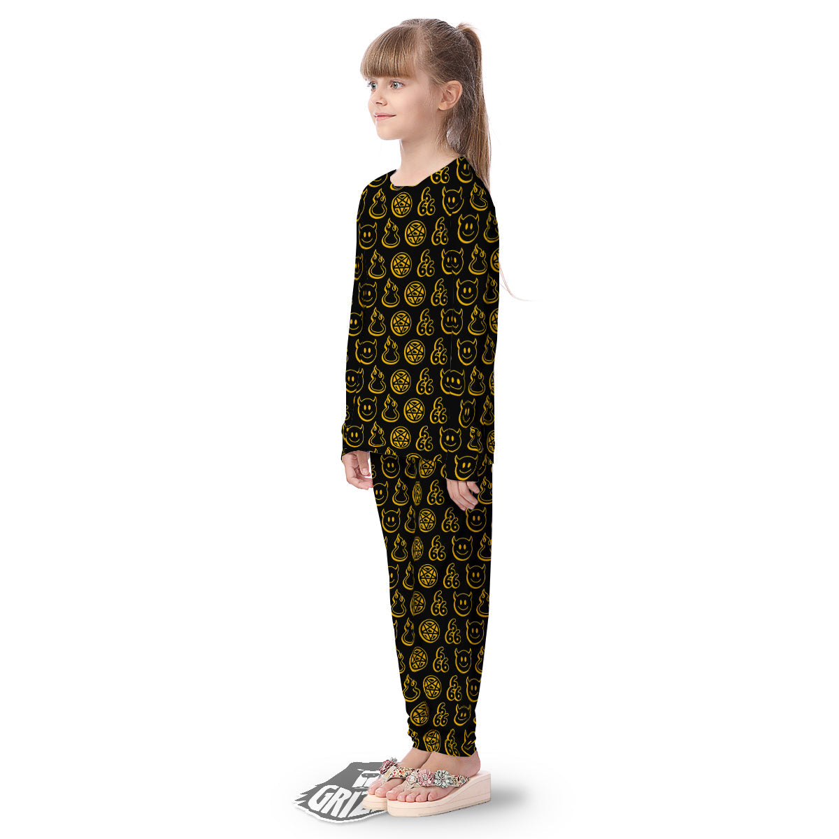 Yellow Demon Smile And Symbol Print Pattern Kid's Pajamas-grizzshop
