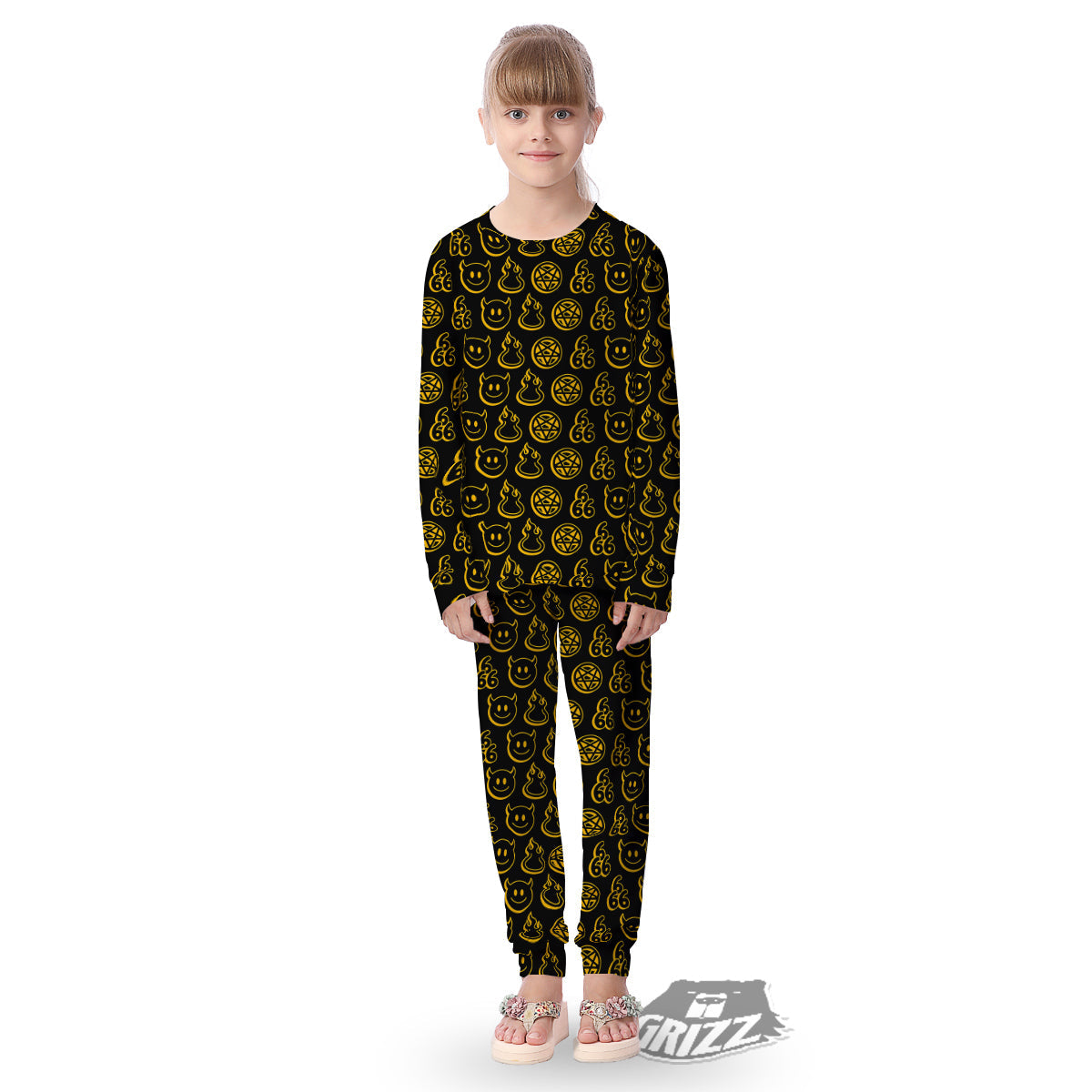 Yellow Demon Smile And Symbol Print Pattern Kid's Pajamas-grizzshop