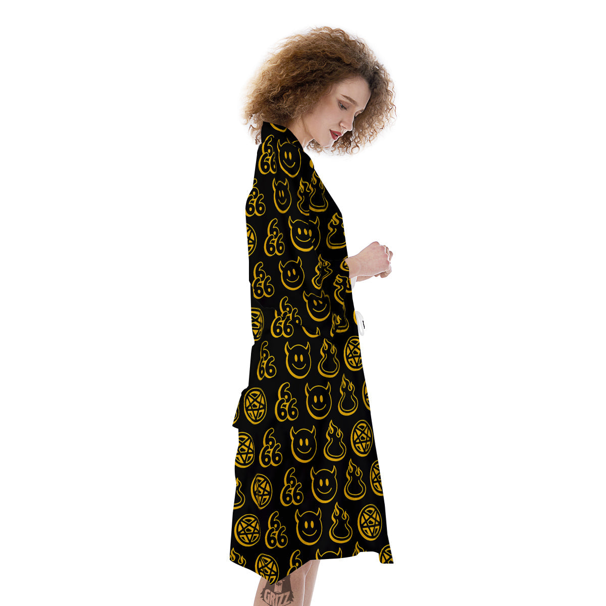 Yellow Demon Smile And Symbol Print Pattern Kimono-grizzshop