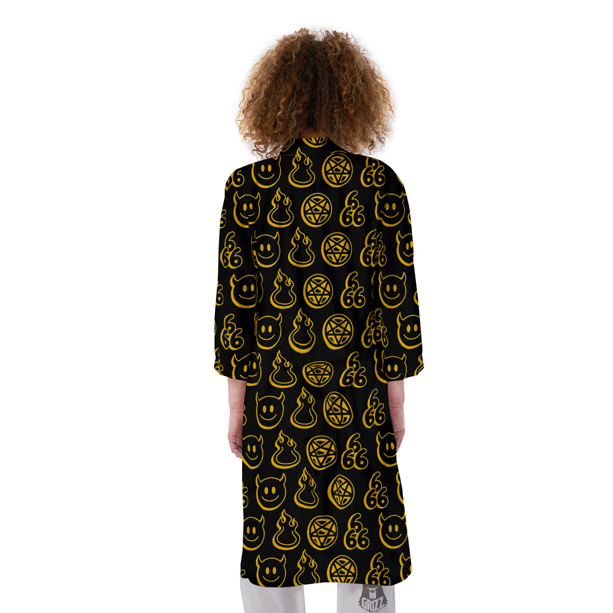 Yellow Demon Smile And Symbol Print Pattern Kimono-grizzshop