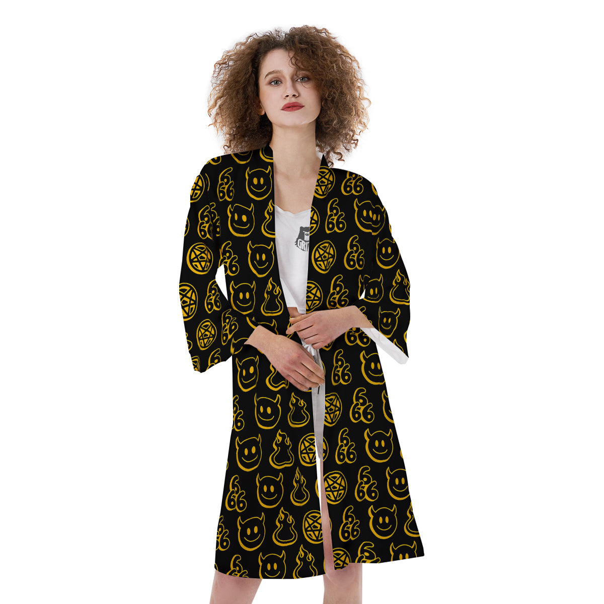 Yellow Demon Smile And Symbol Print Pattern Kimono-grizzshop