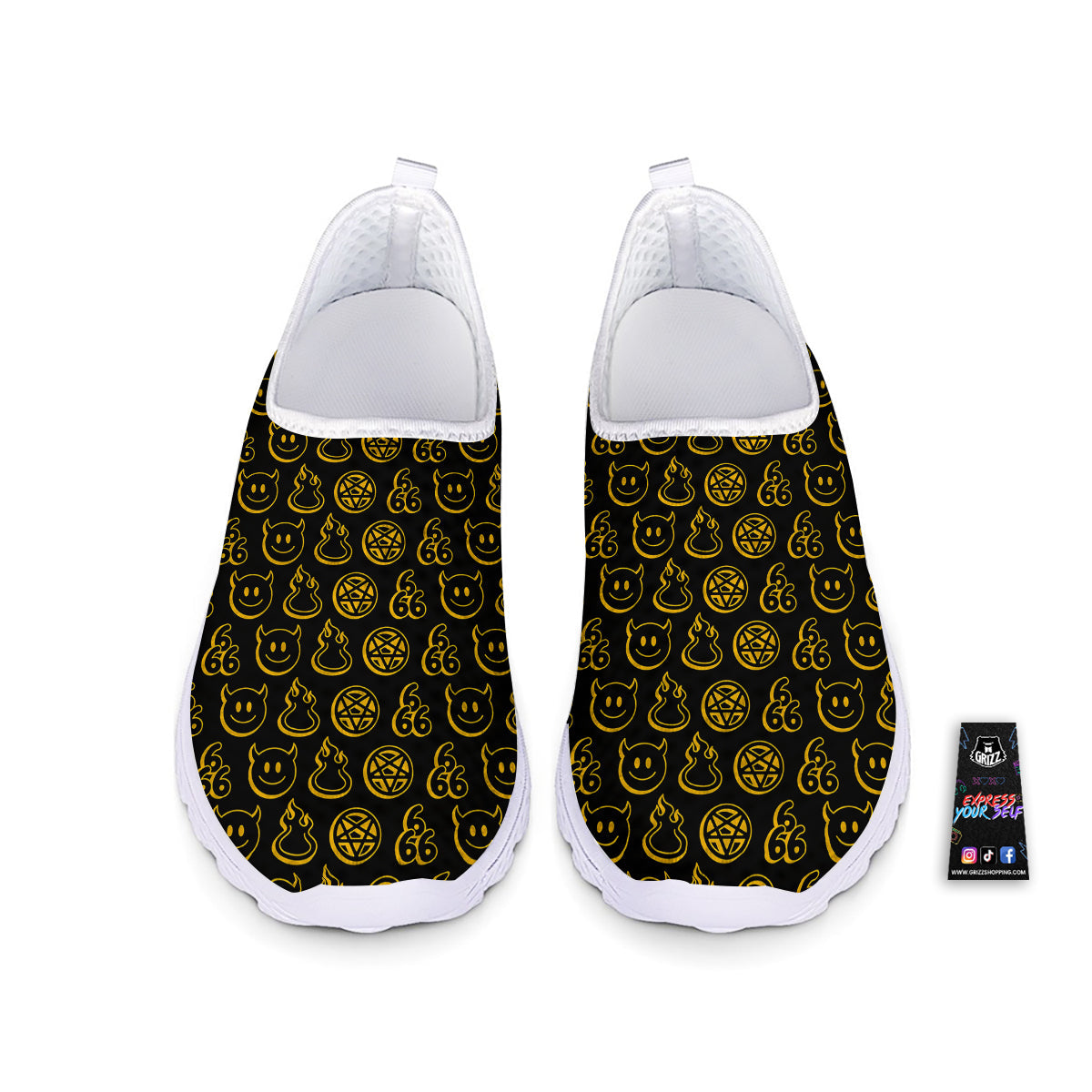 Yellow Demon Smile And Symbol Print Pattern Nurse Shoes-grizzshop
