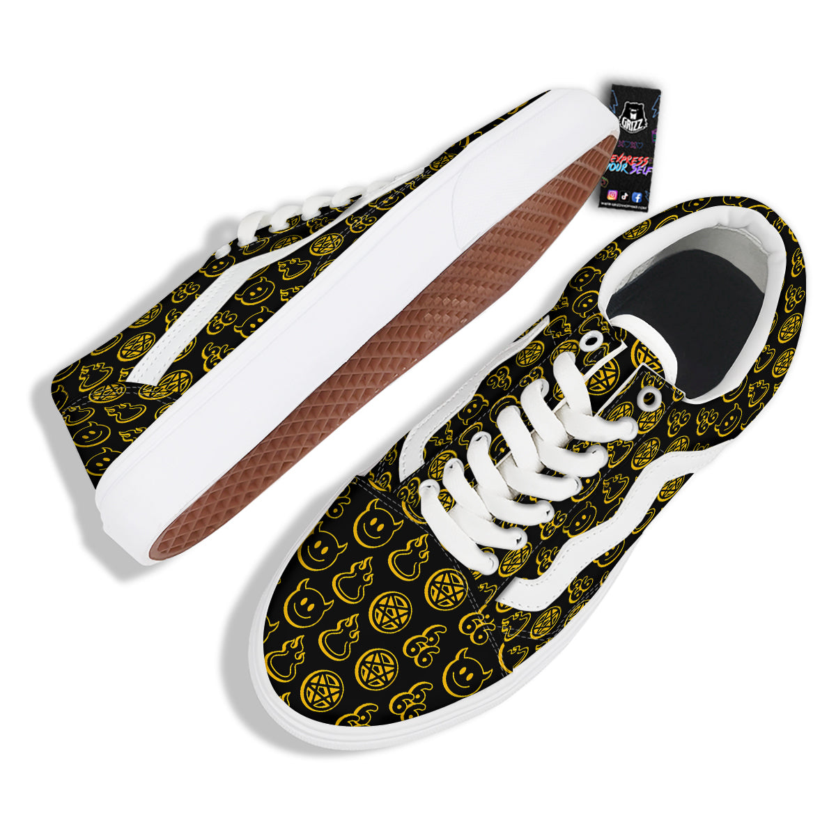 Yellow Demon Smile And Symbol Print Pattern Skate Shoes-grizzshop