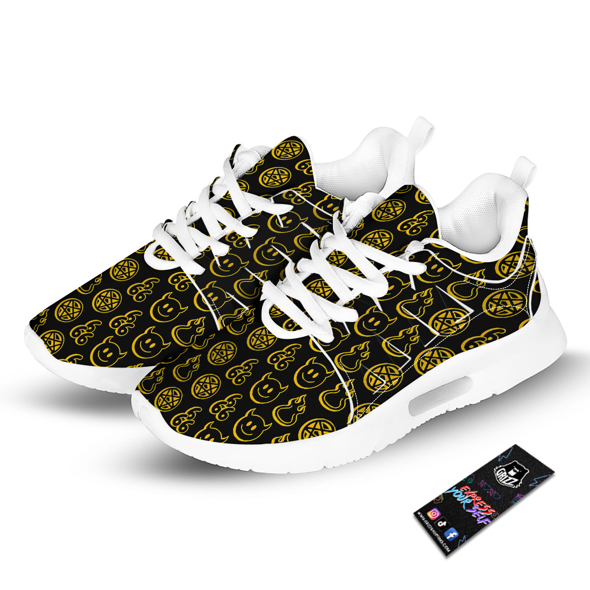 Yellow Demon Smile And Symbol Print Pattern Tennis Shoes-grizzshop