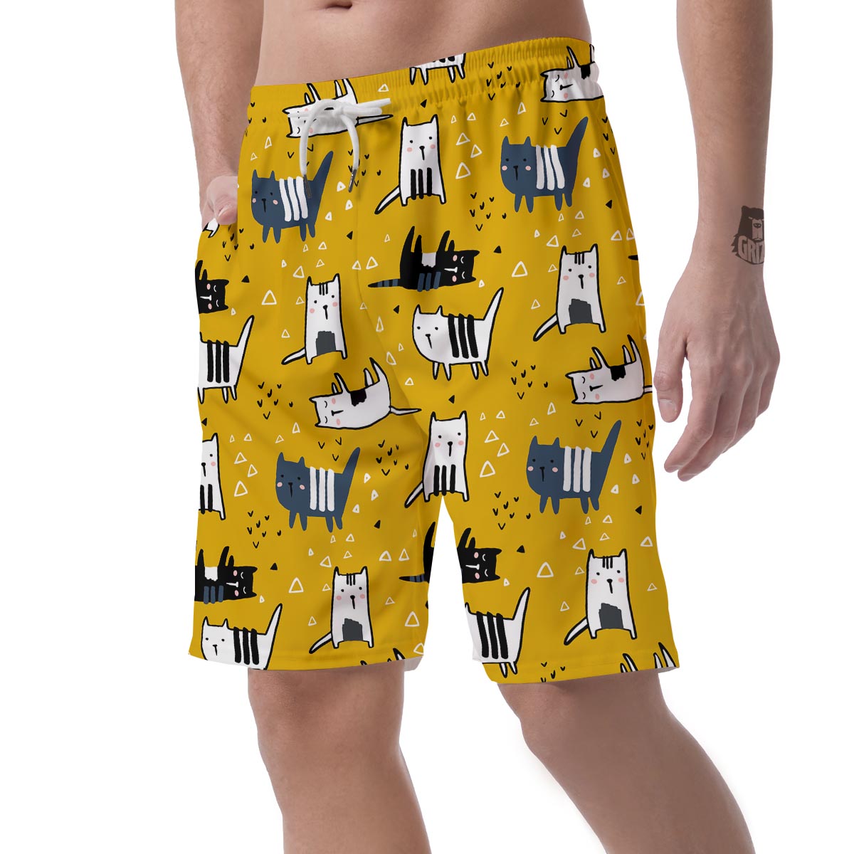 Yellow Doodle Cat Print Men's Shorts-grizzshop