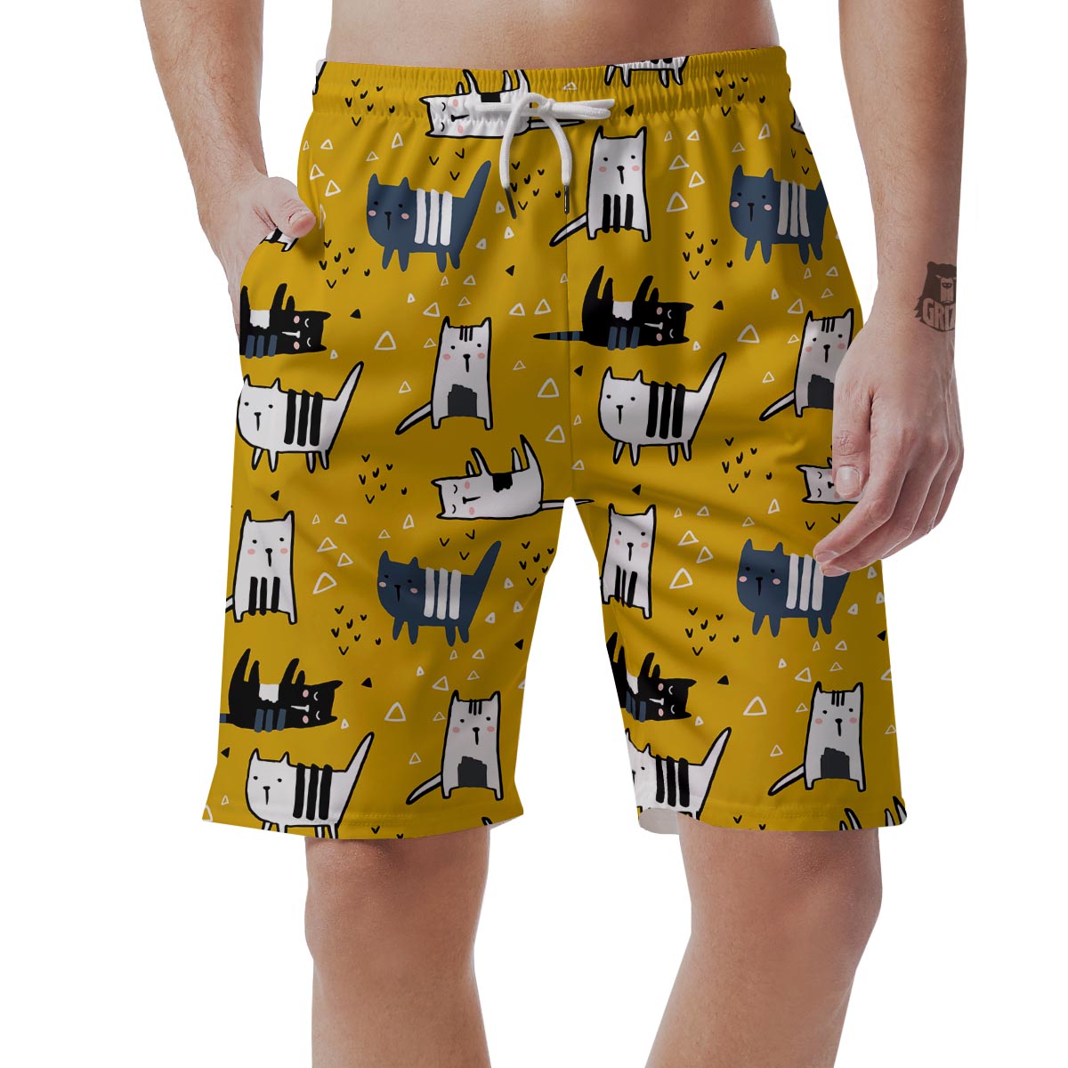 Yellow Doodle Cat Print Men's Shorts-grizzshop