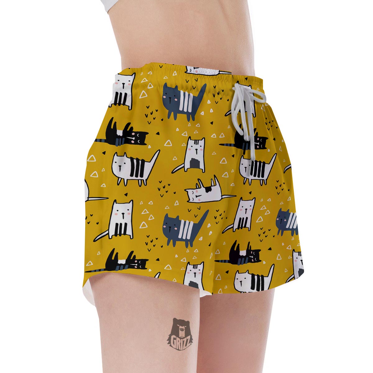 Yellow Doodle Cat Print Women's Shorts-grizzshop