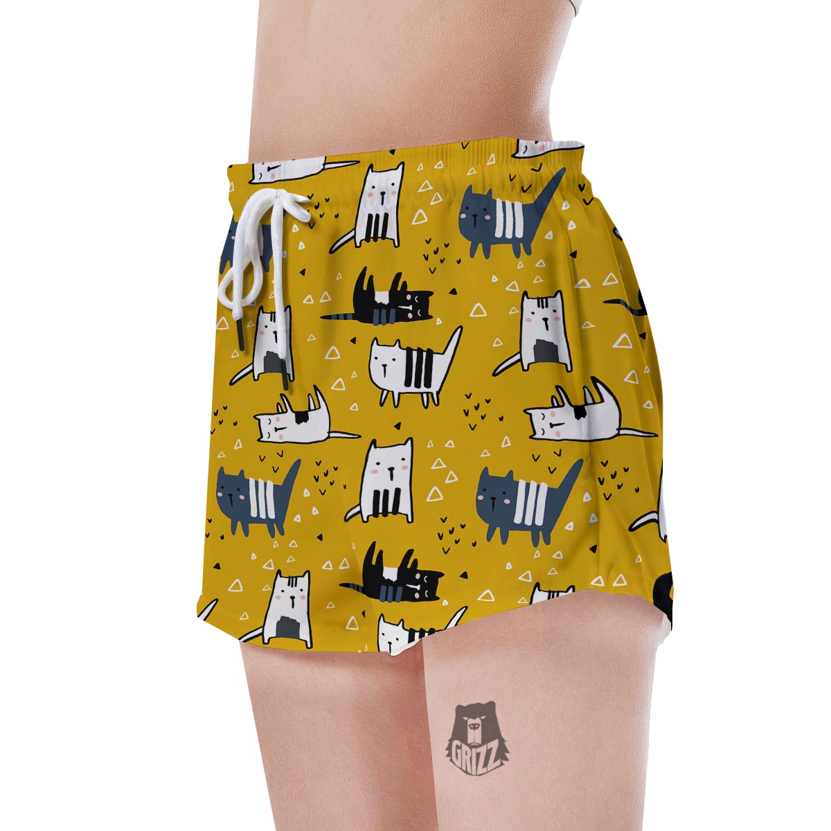Yellow Doodle Cat Print Women's Shorts-grizzshop
