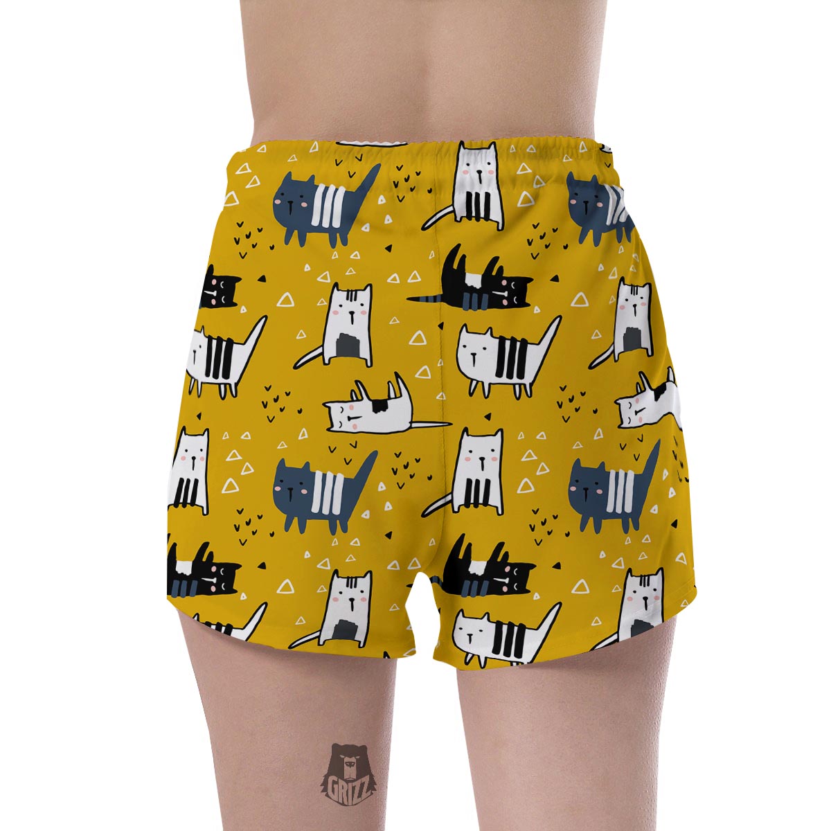 Yellow Doodle Cat Print Women's Shorts-grizzshop