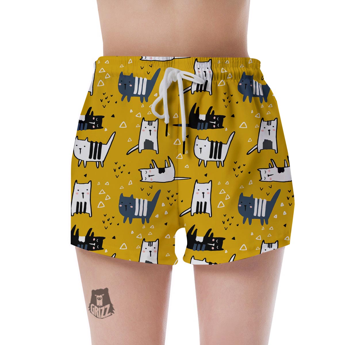 Yellow Doodle Cat Print Women's Shorts-grizzshop