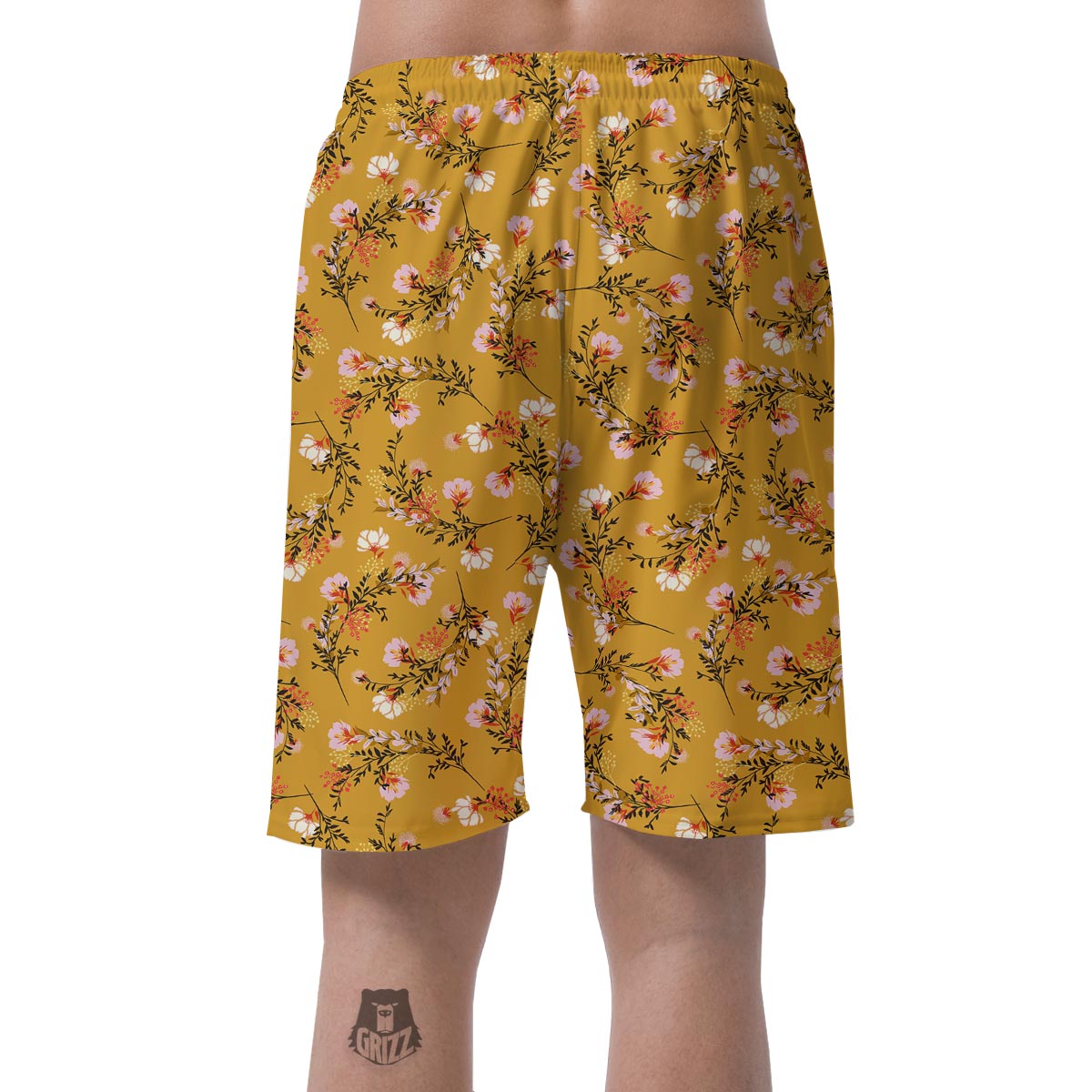 Yellow Floral Retro Print Men's Shorts-grizzshop