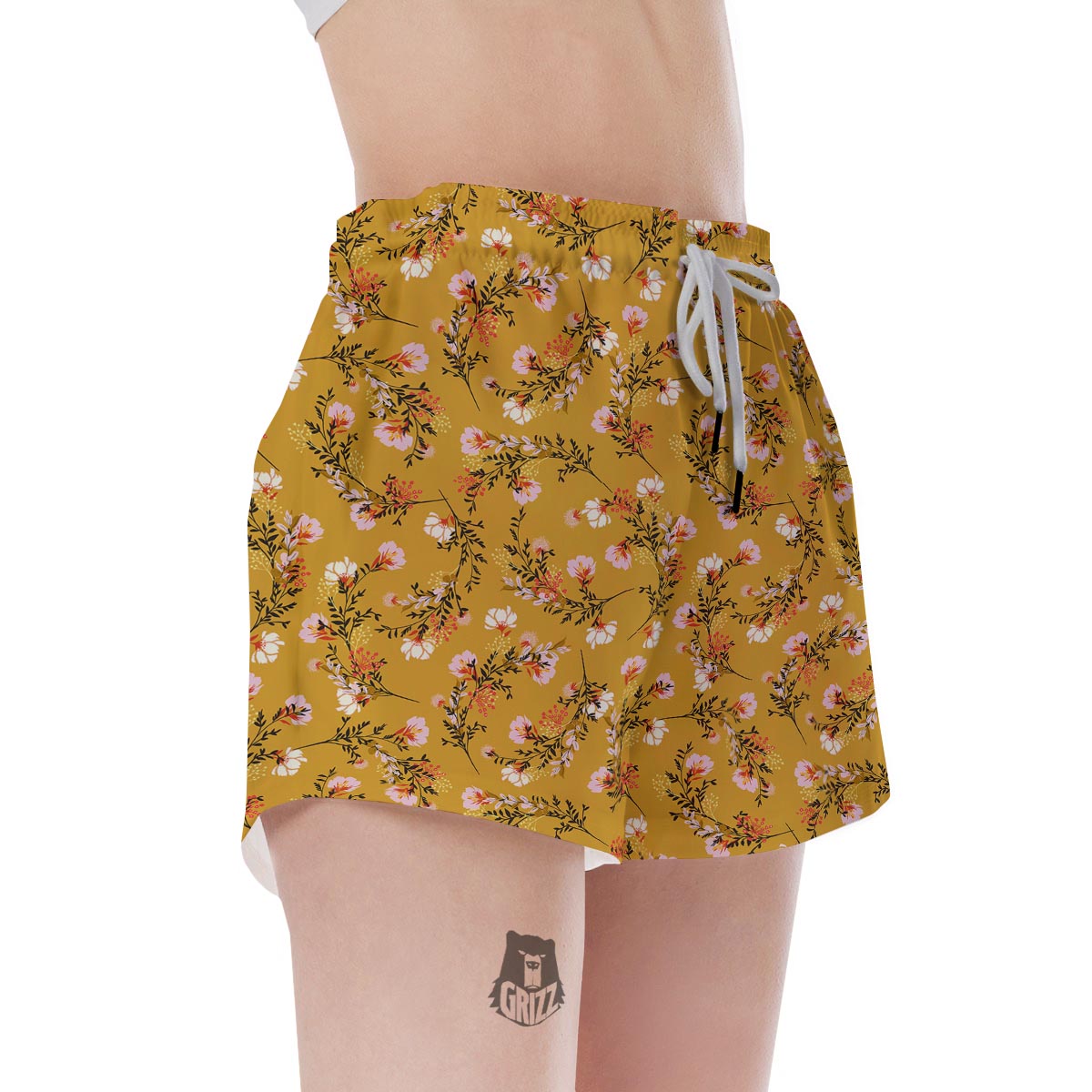 Yellow Floral Retro Print Women's Shorts-grizzshop
