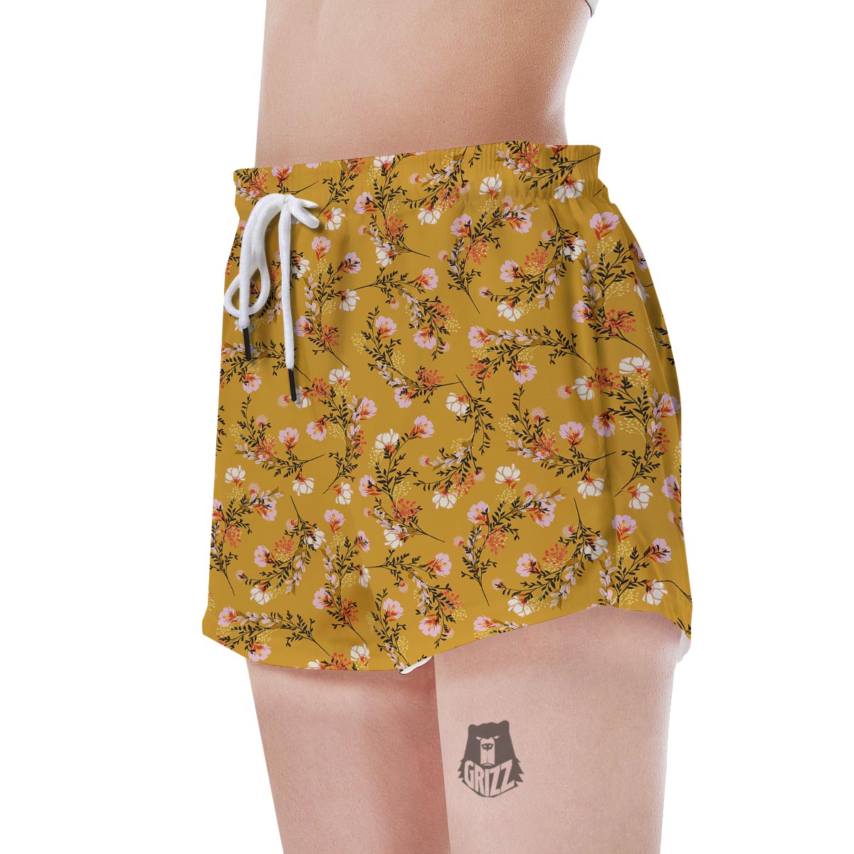 Yellow Floral Retro Print Women's Shorts-grizzshop