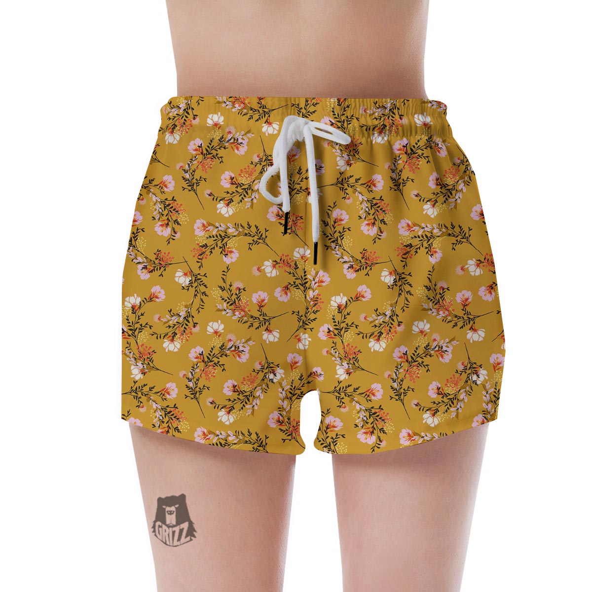 Yellow Floral Retro Print Women's Shorts-grizzshop