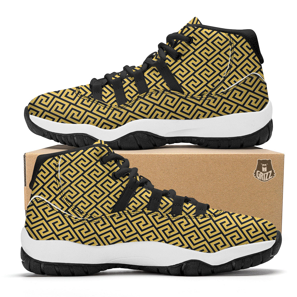Yellow Greek Key Print Pattern Black Bball Shoes-grizzshop