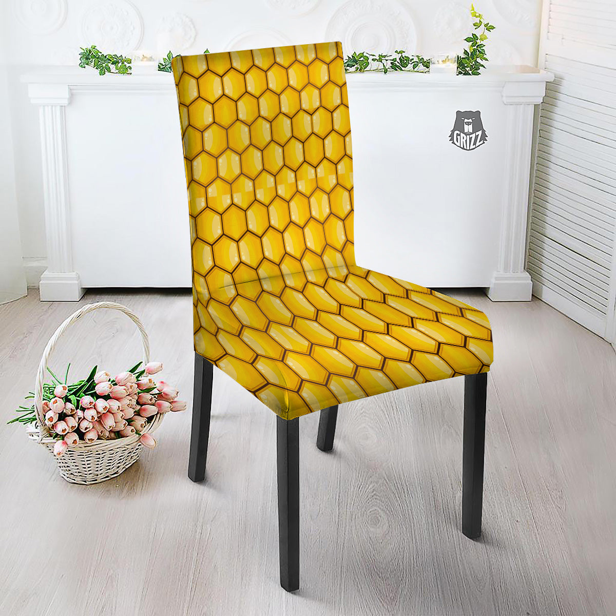 Yellow Honeycomb Print Pattern Dining Chair Slipcover-grizzshop