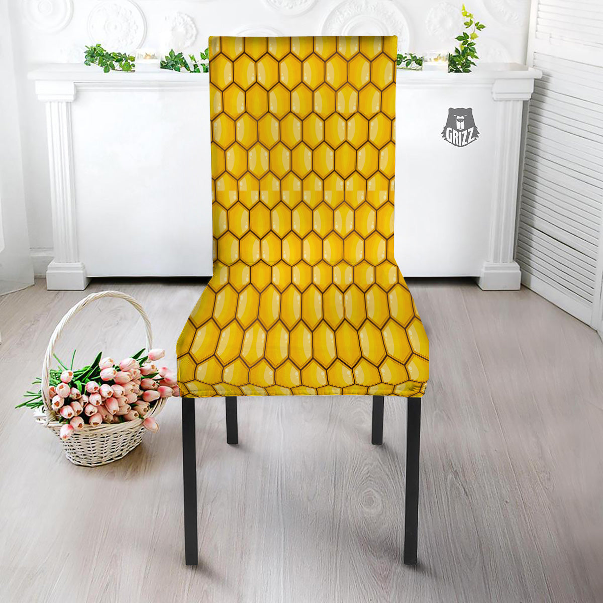 Yellow Honeycomb Print Pattern Dining Chair Slipcover-grizzshop