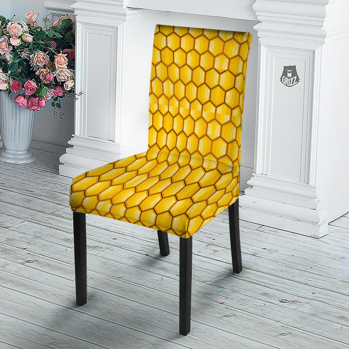 Yellow Honeycomb Print Pattern Dining Chair Slipcover-grizzshop